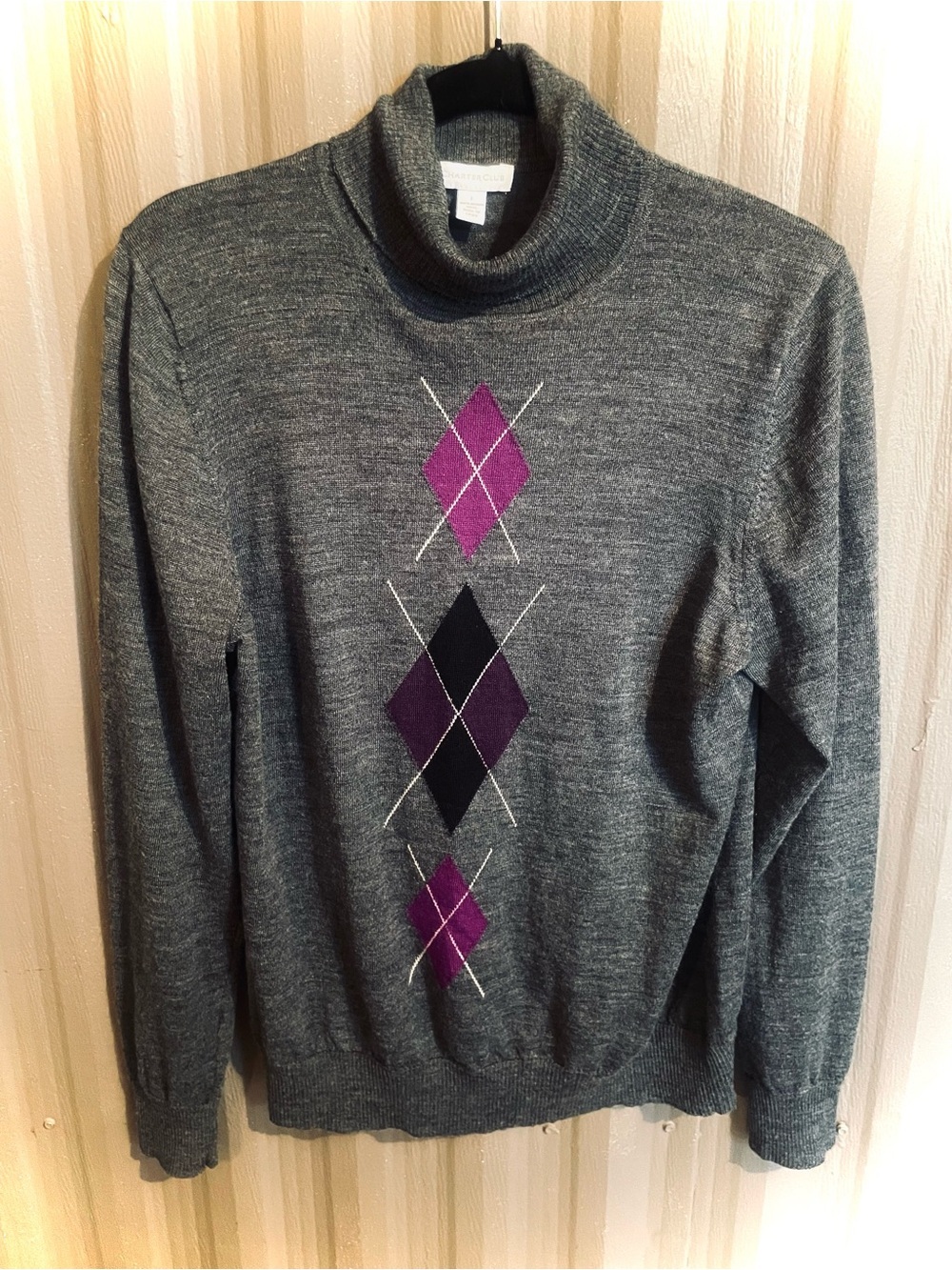 100% Merino Wool Turtleneck Sweater Gray Purple Diamond Argyle Charter Club sz L